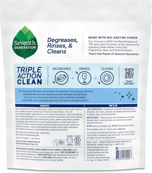 Seventh Generation Triple Action Clean Dishwasher Detergent Packs 1 pack Free & Clear For de-greasing and cleaning even the toughest food messes Fights 48-hr stuck-on food 21.3 oz