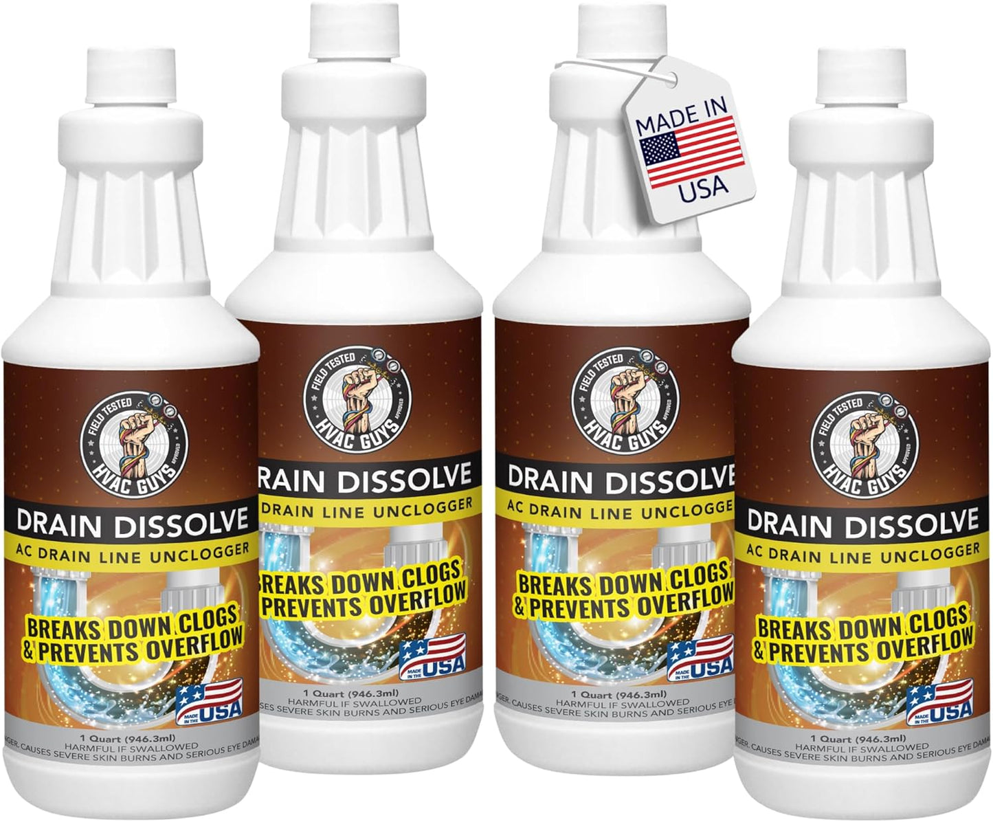 HVAC Guys Drain Dissolve | AC Drain Line Cleaner & Unclogger | Heat Generating Alkaline Formula | Prevents Overflow | Clears Hair, Grease, Gunk - 32oz