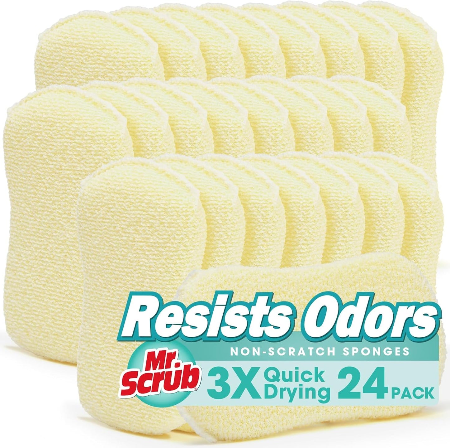 Mr. Scrub Kitchen Sponges, Dish Scrub Sponge 12 Pack Odor-Resistant, Quick-Drying, Non-Scratch for Washing Dishes, Pans, Pots & Nonstick Cookware