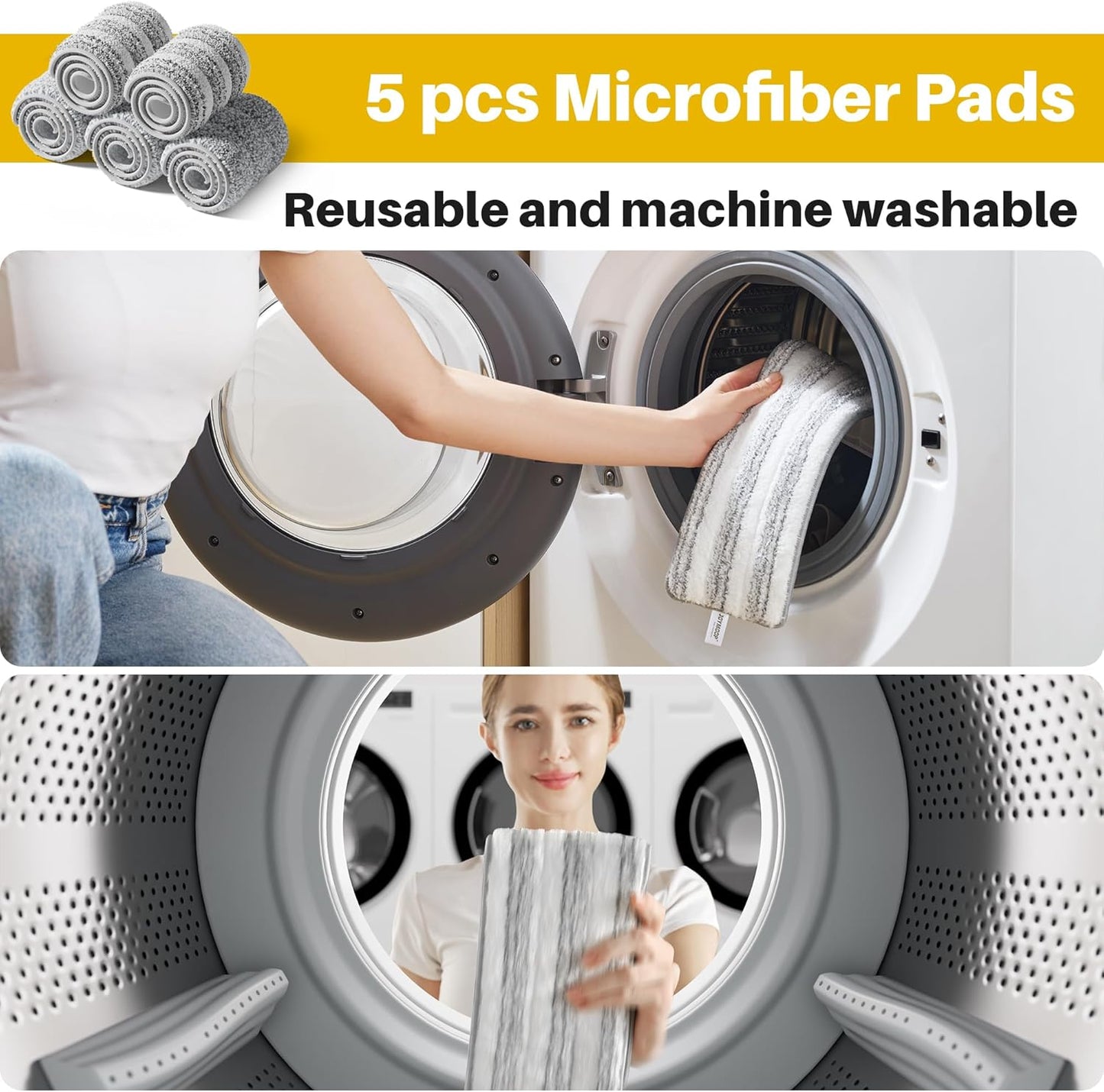 JOYMOOP Industrial Mop and Bucket Set, 17.7-inch Dust Mops for Floor Cleaning, Flat Mop Bucket with Wringer, Include 3 Reusable Microfiber Mop Pads - Yellow