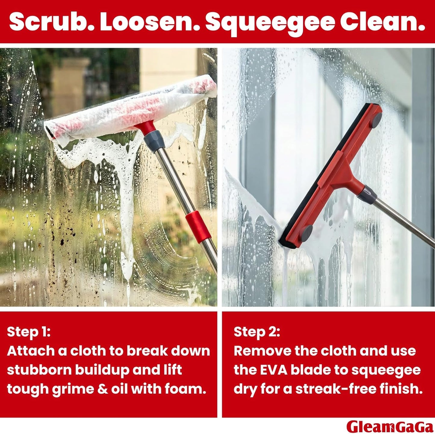 Floor Squeegee with 2 Replaceable Heads – 17'' EVA Foam Blade for Uneven Surfaces, 62'' Long Handle, Built-in Towel Clip, Non-Scratch Heavy Duty Squeegee Broom for Garage, Window, Tile, Patio & Shower