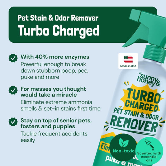 Sunny & Honey Pet Stain and Odor Remover - Enzyme Cleaner for Dog Urine and Poop on Carpets and Furniture - Strong Pet Carpet Cleaner Spray (32fl oz Mint)