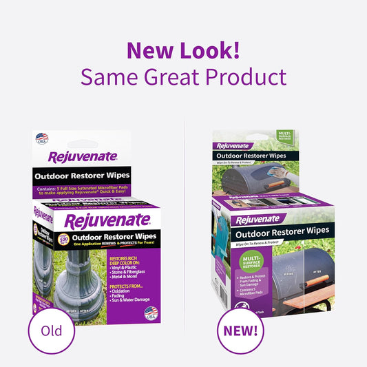 Rejuvenate Outdoor Restorer Wipes, 5 Count, Individually-Wrapped Pre- Saturated Microfiber Wipes Restore Faded and Weathered Surfaces Such As Patio Furniture, Shutters, Siding, Mailboxes And More