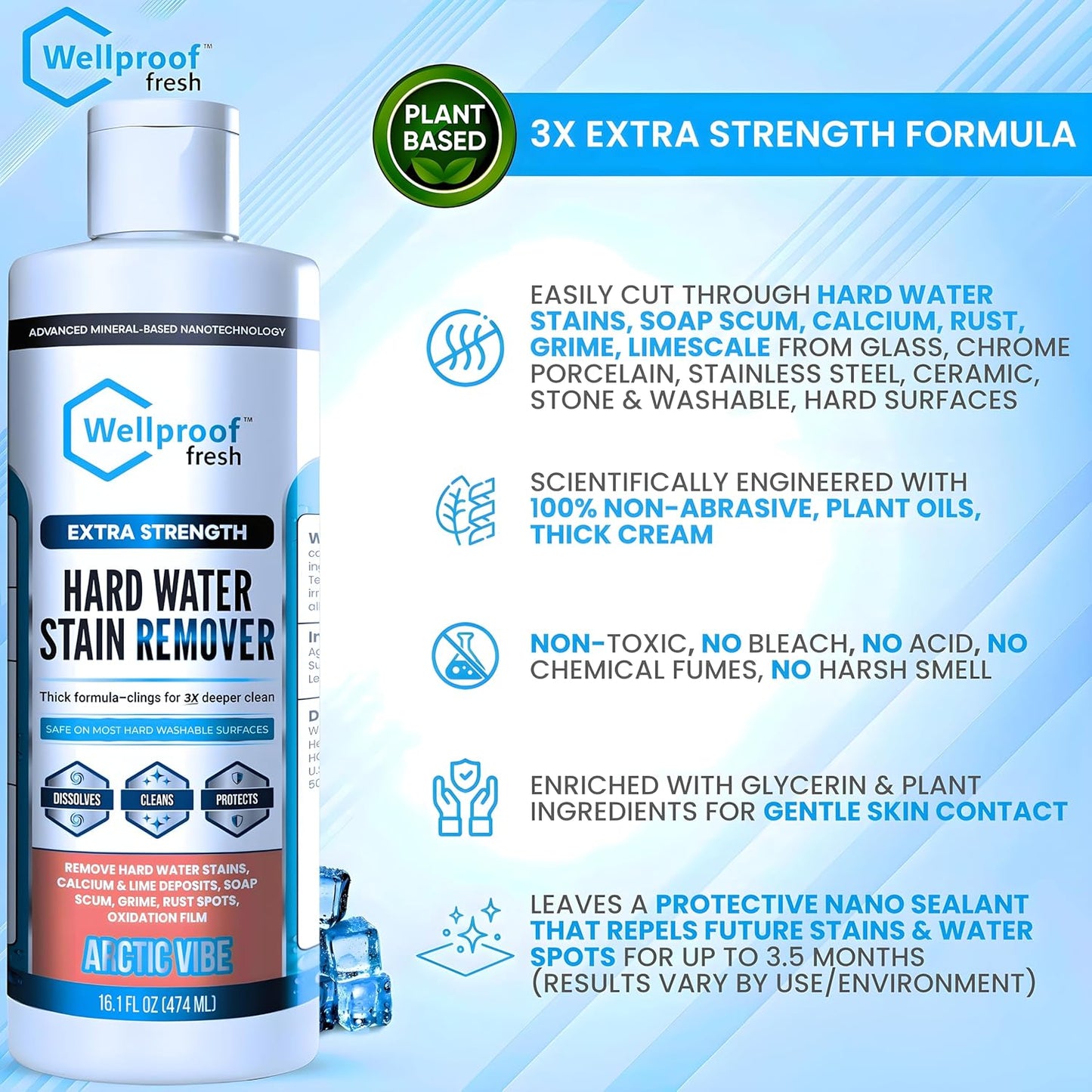 Wellproof Hard Water Stain & Scum Scale Remover – 3X Nanotech Deep Cleaner, No Bleach, No Acid | Limescale, Soap Scum, Calcium & Rust Cleaner for Showers, Glass, Toilets, Tubs, Sinks & Cooktops & More