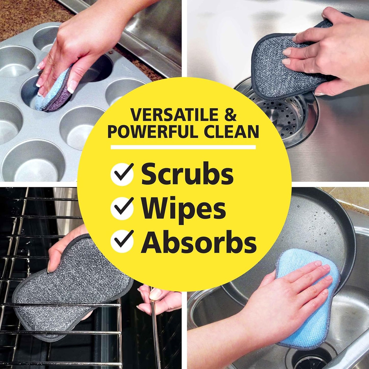 Original Scrub-N-Wipe Pad by Tuff-Scrub, 6-Pack, Microfiber, Multi-Surface, Non-Scratch, Dual-Sided, Scrubber for Dishes, Sinks, Non-Stick Cookware – Machine Washable, Durable Kitchen Sponge (Small)