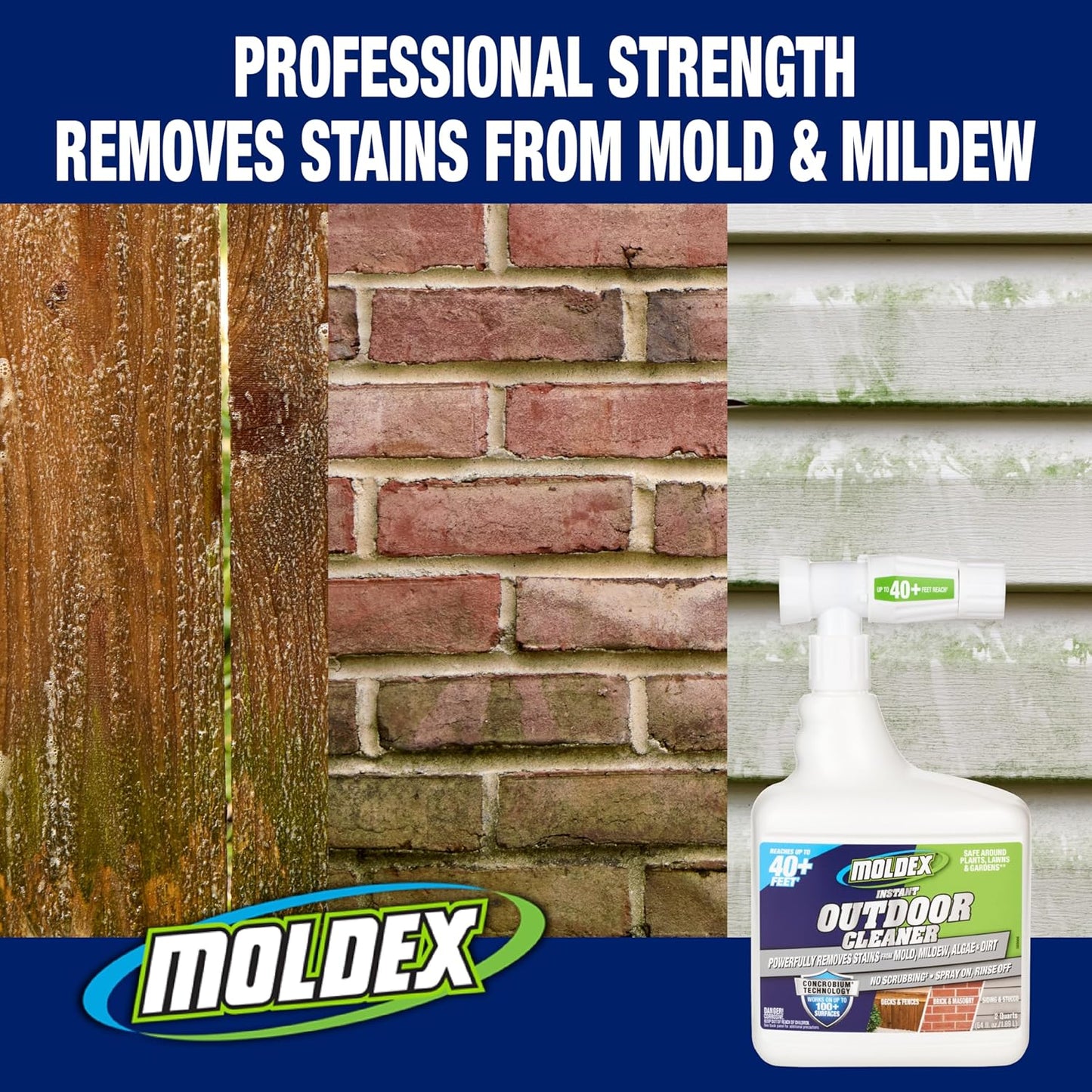 Moldex® Instant Outdoor Cleaner with Bleach and Hose End, 64 oz – Fast Acting Spray for Mold and Mildew Stains on Siding, Decks, Fences and Exterior Surfaces