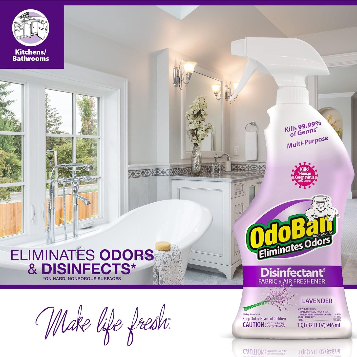 OdoBan Ready-to-Use Disinfectant and Odor Eliminator, Made in the USA, Citrus Scent, 32 Ounce Spray Bottle