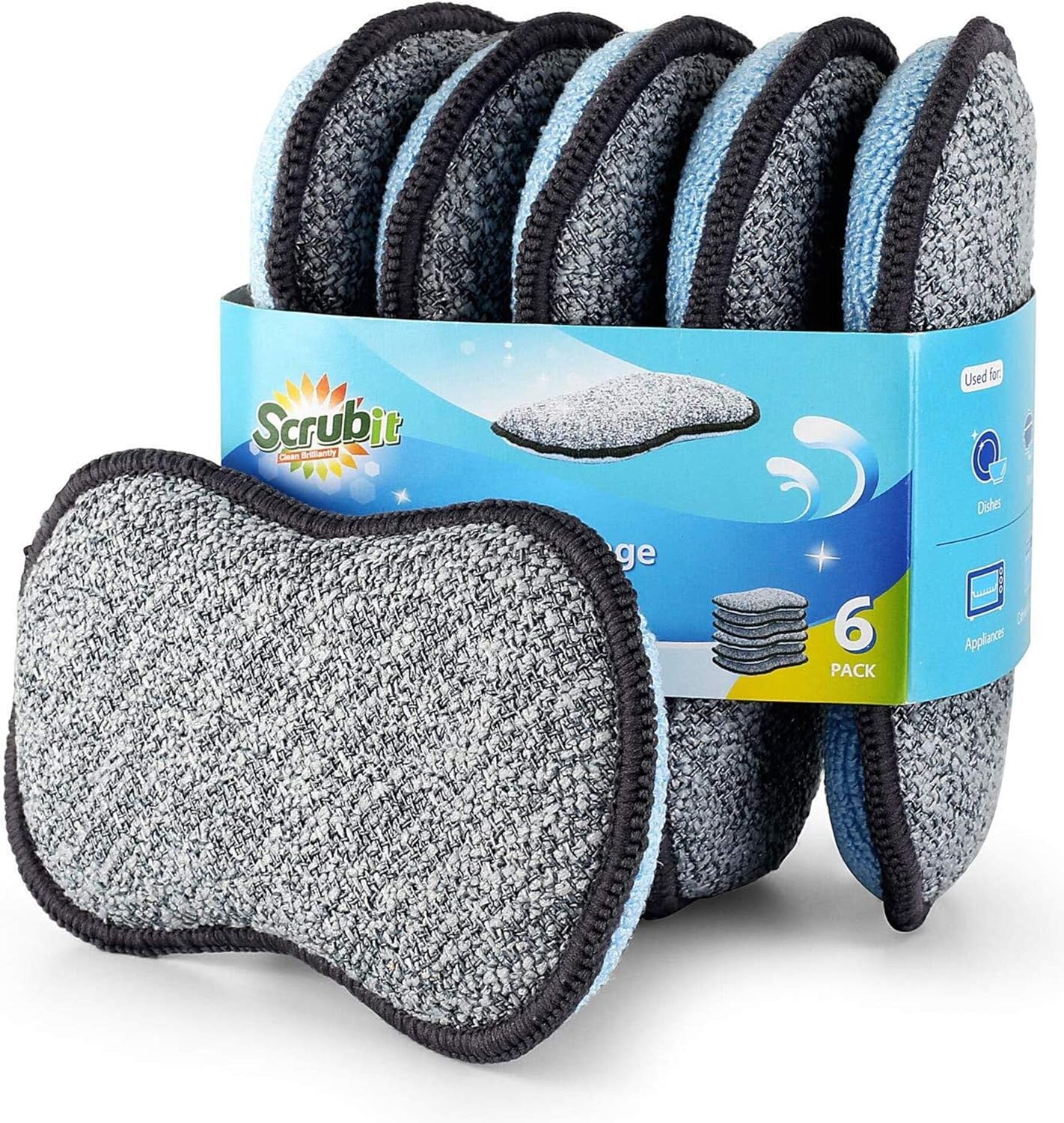 Multi-Purpose Scrub Sponges for Kitchen by Scrub- it - Non-Scratch Microfiber Sponge Along with Heavy Duty Scouring Power - Effortless Cleaning of Dishes, Pots and Pans All at Once(6 Pack, Large)