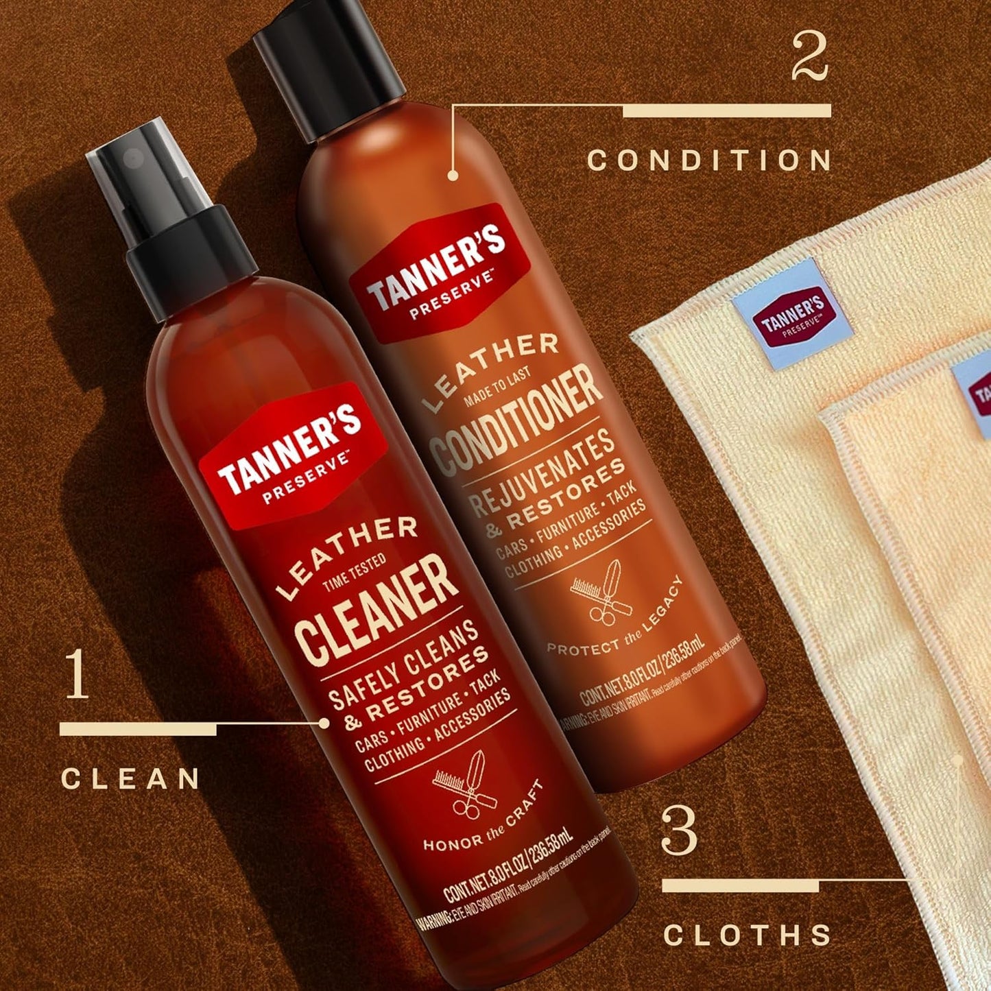 Tanner's Preserve Leather Cleaner & Conditioner Duo Pack, Cleans, Rejuvinates & Restores Finished Leather, Use for Cars, Furniture & More, 2X 8 Fl Oz