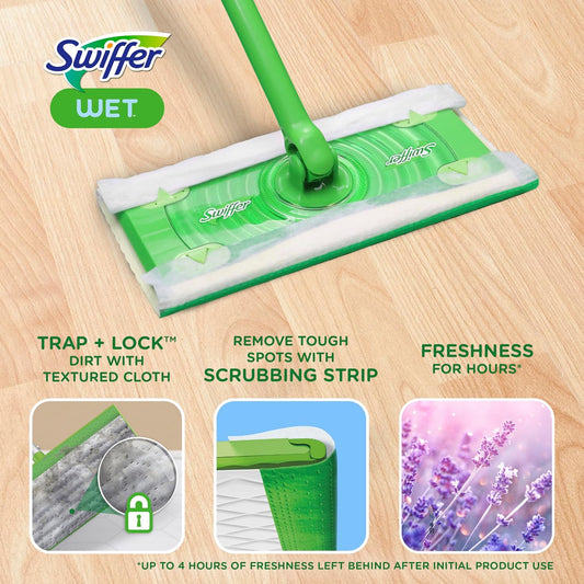 Swiffer Sweep + Mop, Wet Pads Refill, Floor Cleaner for Dirt, Dust, Hair, Cleaning Cloths for Mopping Home, Bathroom, Kitchen, All Purpose Multi-Surface Floor Wipes, Gain, 24ct