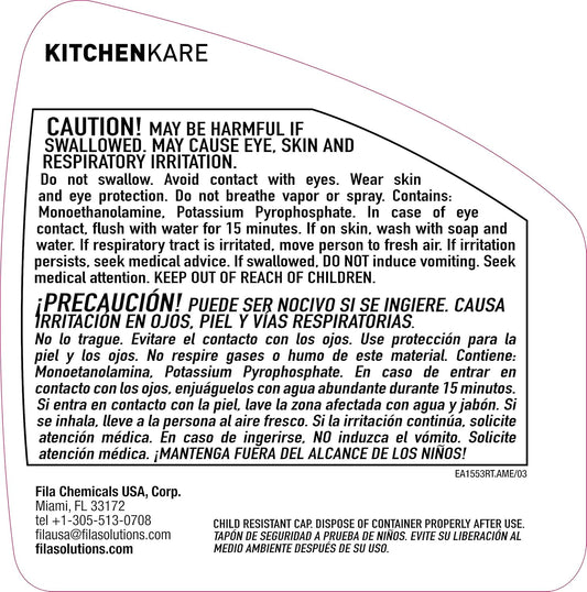 FILA Surface Care Solutions, KITCHENKARE, Heavy Duty Degreaser Cleaner for Kitchen, Grill, Oven, Fireplace; BBQ Cleaner Spray, Desengrasante de Cocina, Degreasing Detergent Bike Chain, 24OZ