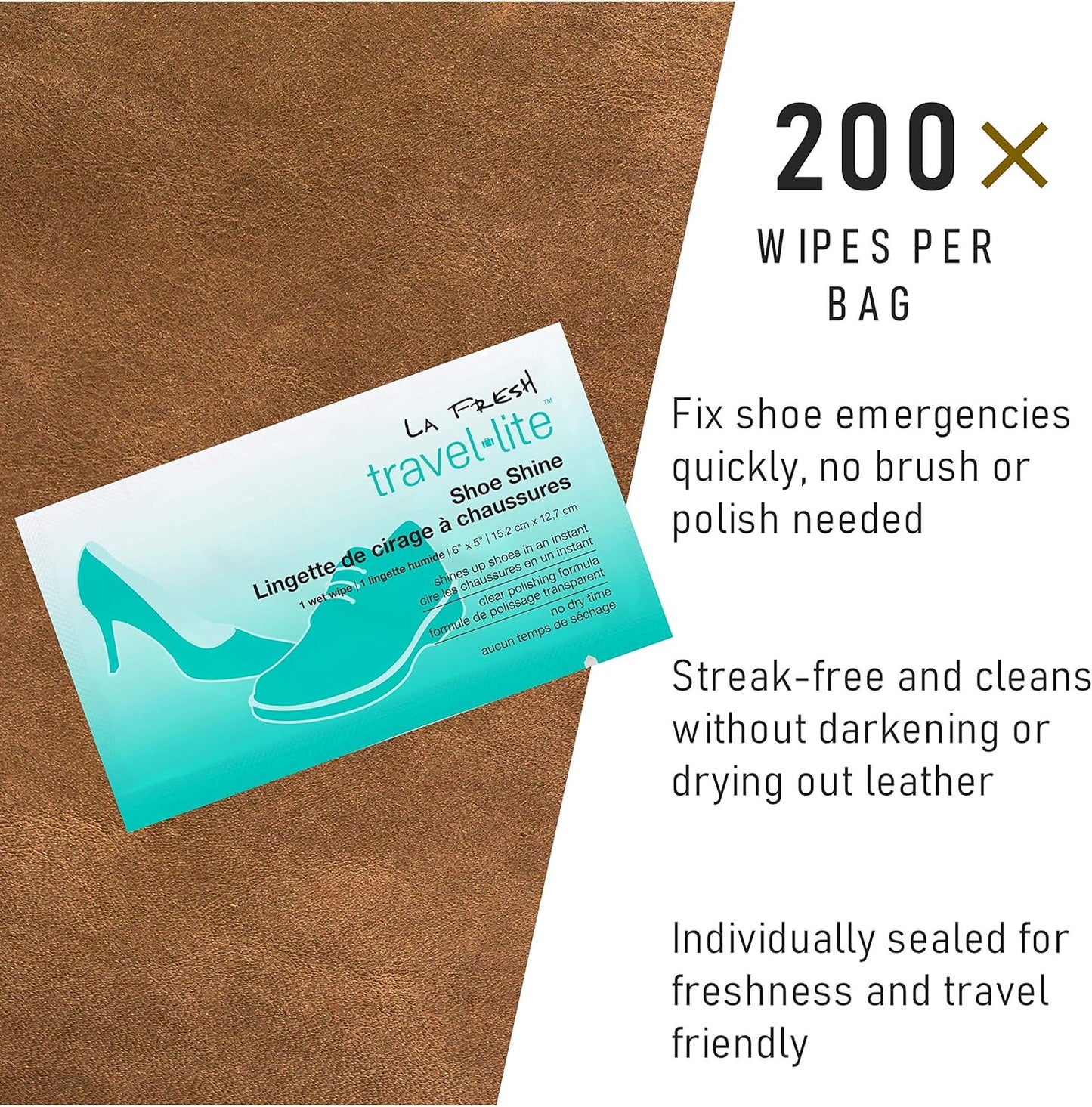LA Fresh Travel Lite Pre-Moistened Shoe Shine Wipes Pack of 50 Individually Wrapped Streak-Free Cleaning Wipes Perfect For Use On Leather Convenient Size For On The Go