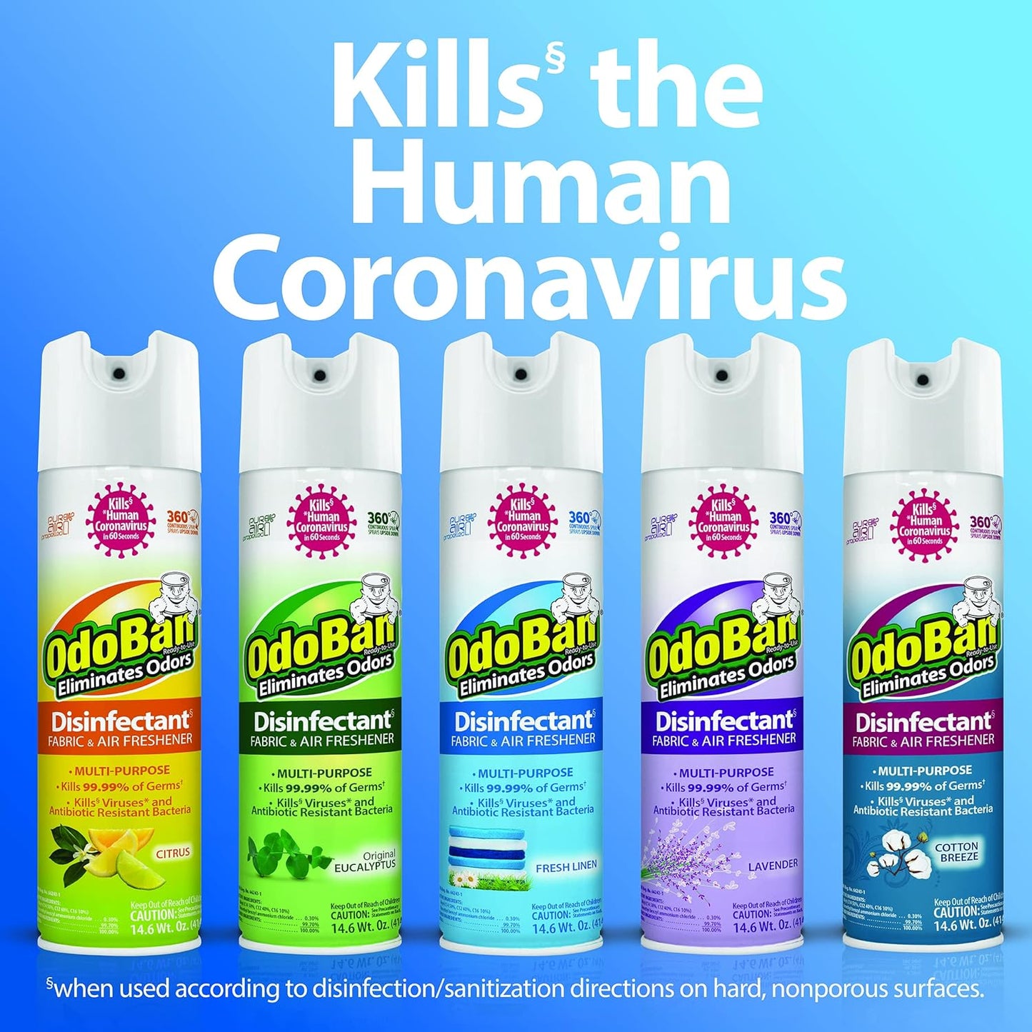 OdoBan Ready-to-Use 360-Degree Continuous Spray Disinfectant & Harsh Aroma Eliminator, Fabric and Air Freshener, Made in the USA, Lavender Scent, 14.6 Ounces