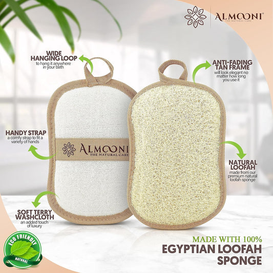 Almooni Natural Loofah Exfoliating Body Scrubber, Made with Natural Egyptian Shower Loofah Sponge, Bath Shower Loofah Sponge for Women and Men, for Face and Body That Gets You Clean - 2 Count (1 Pack)