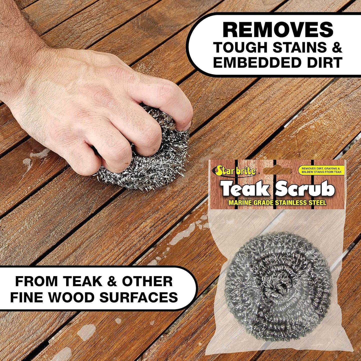 STAR BRITE Marine-Grade Stainless Steel Scrub Scouring Pad Scrubber - Refinish Wood Furniture & Boat Teak