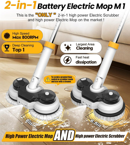 800RPM Cordless Electric Mop, 6000mAh Battery Electric Power Scrubber & Mops for Floor Cleaning, Best Automatic Spin Mops with Smart Display,Rotating Mop with LED Light & Water Spray