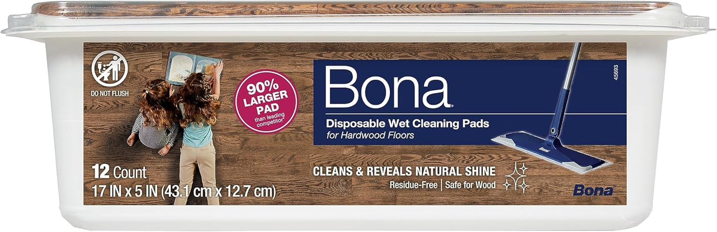 Hardwood Floor Disposable Wet Cleaning Pads - 12 cleaning pads per pack - unscented - Use with Mops - Residue-Free Floor Cleaning Solution for Wood Floors