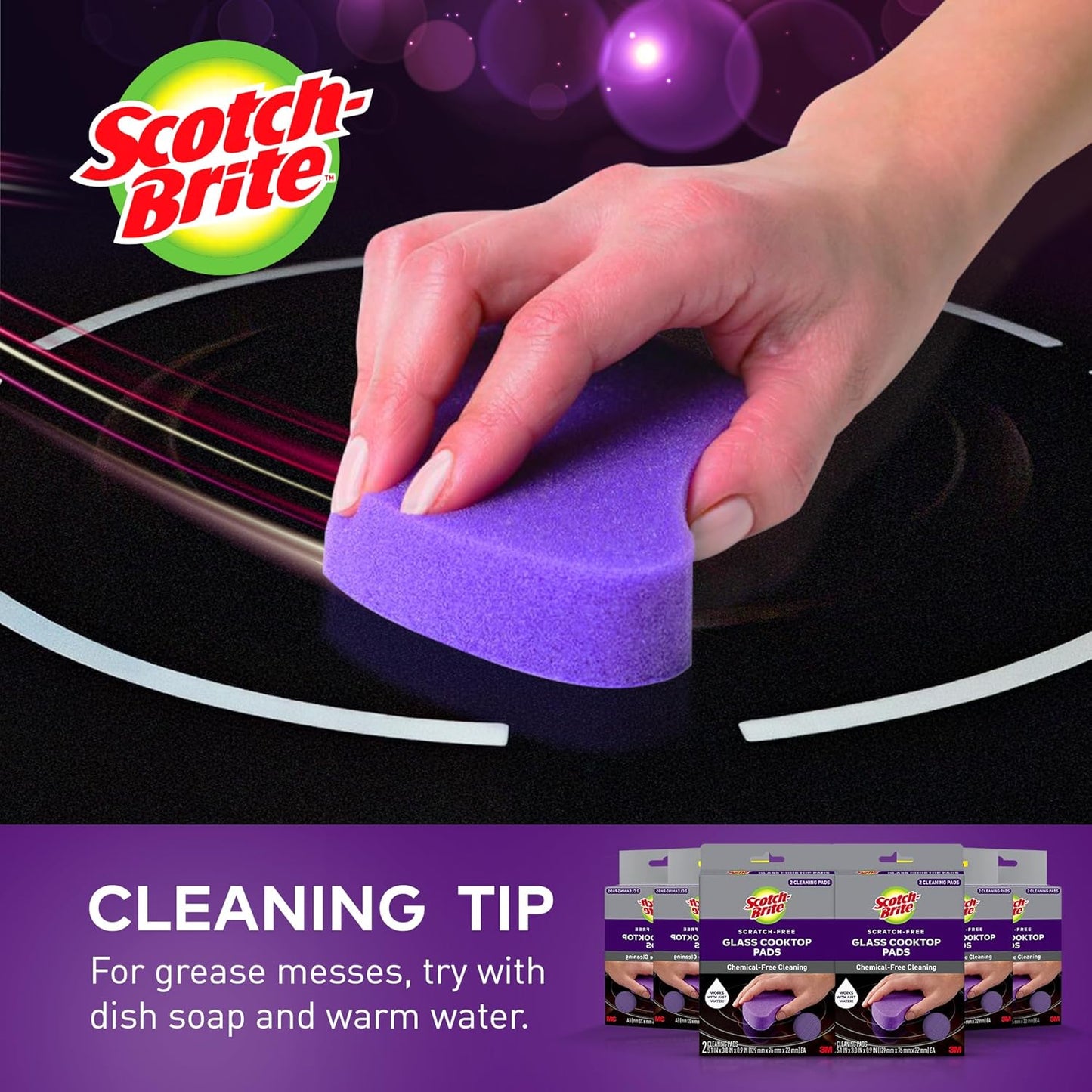 Scratch-Free Glass Cooktop Pads, Chemical Free Cleaning for Glass Stovetops, Tackle Burnt-On Messes, 2 Cleaning Pads