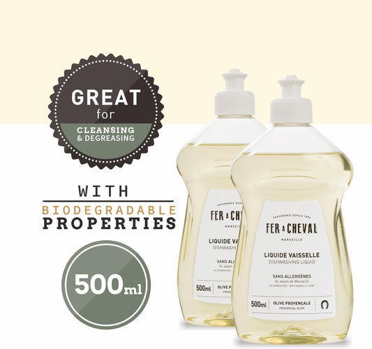 Marseille Dishwashing Soap, Allergen Free, Olive Oil Based, Made in France, Liquid Dish Soap, 2 Pack, 500 ml / 16.9 fl oz Each