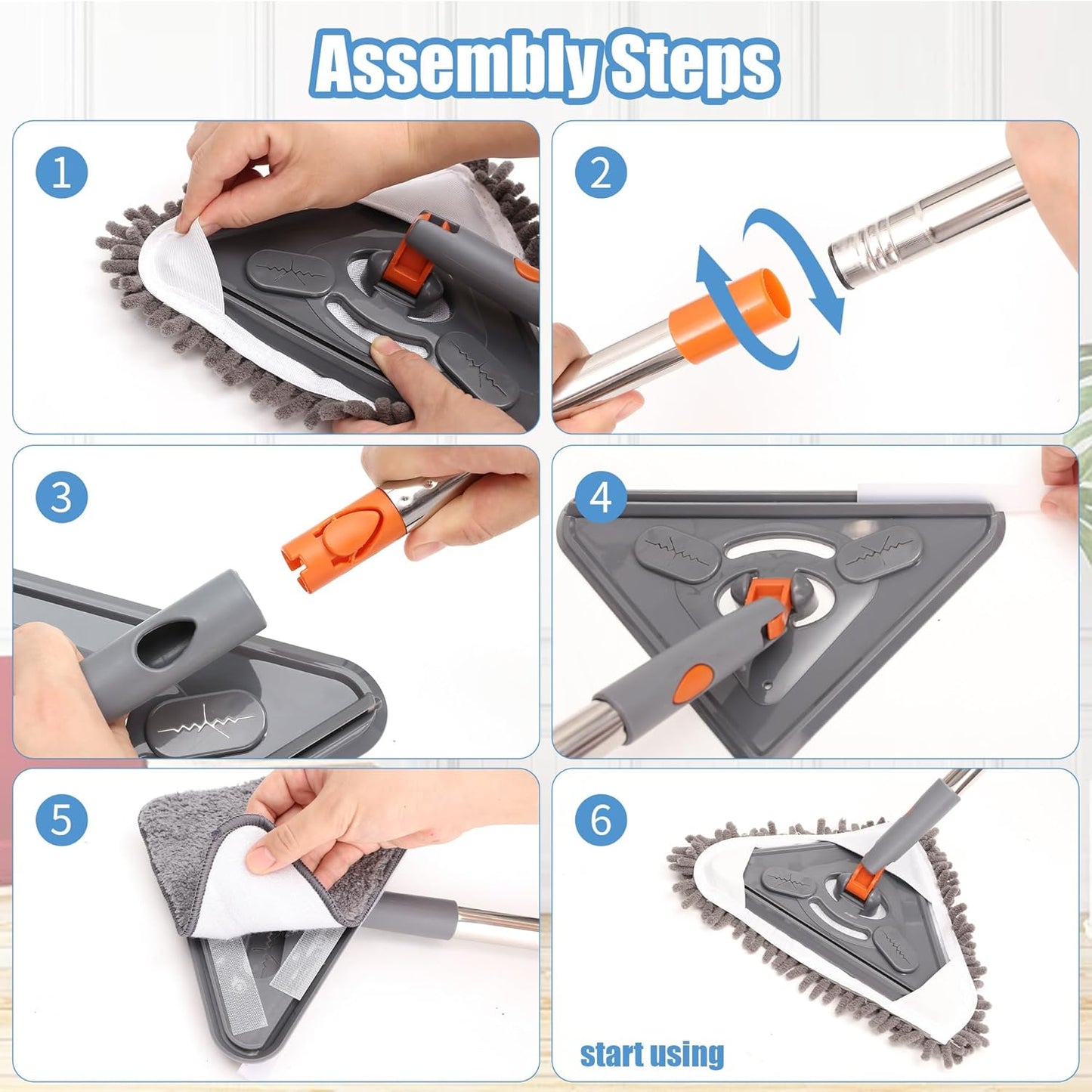 85” Baseboard Cleaner Tool with Handle and Hooks, 180° Rotating Wall Cleaner with Convex Design, Wall Mop with 6 Reusable Pads to Clean Wall, Window, Floor and Ceiling with Extension Poles