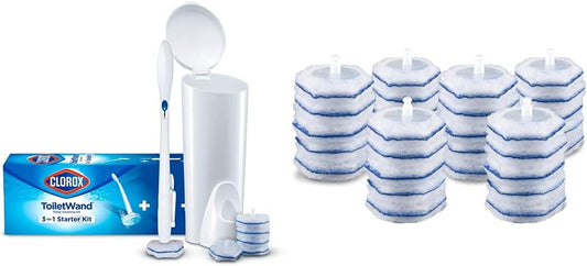 Clorox ToiletWand Disposable Toilet Cleaning System (ToiletWand, Storage Caddy and 6 Refill Heads) and ToiletWand Disinfectin