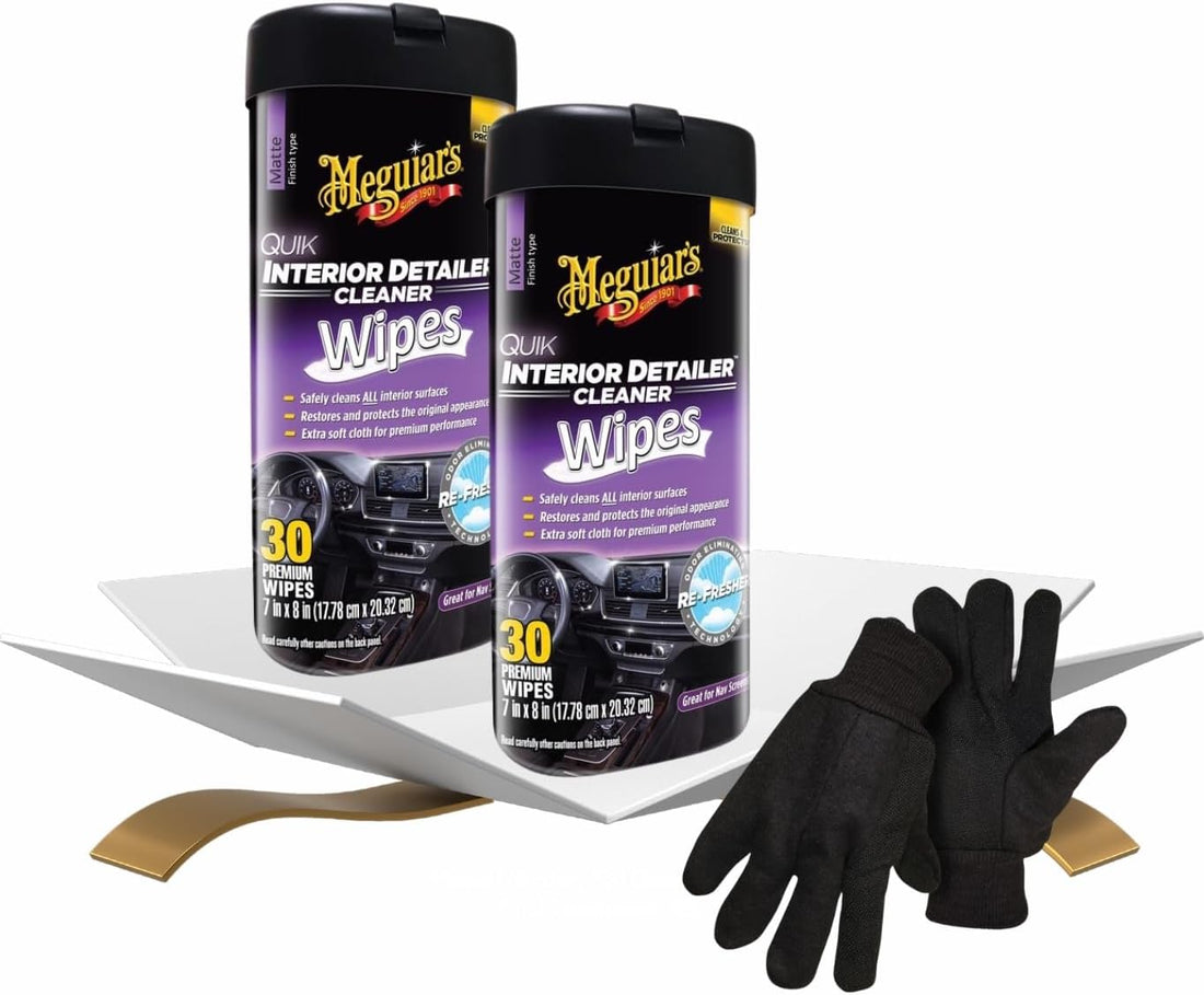 2x Quik Interior Detailer Multi-Surface Cleaner Wipes 30 Ct Bundle with Work Gloves – Convenient Car-Wipes for Dashboard, Vin