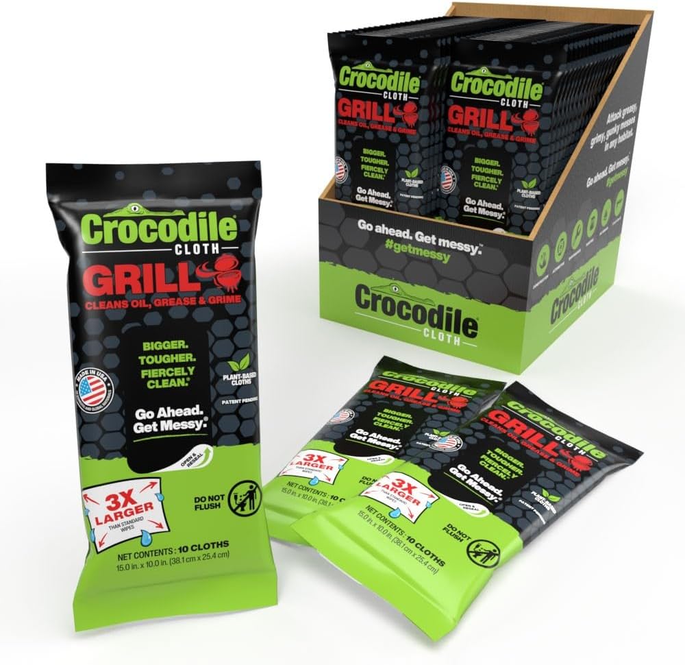Crocodile Cloth Grill Cleaning Wipes – 480 XL Plant-Based Cloths (48 Packs of 10 Count) Pre-Moistened, Large & Absorbent - In