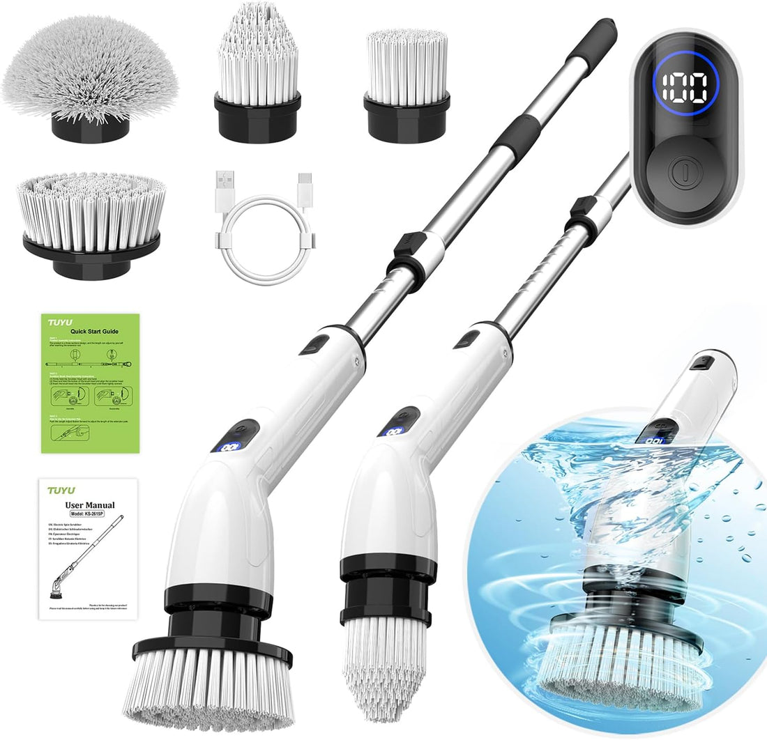 TUYU Electric Spin Scrubber, Full-Body IPX7 Waterproof Bathroom Scrubber with Power LCD Display, Adjustable Extension Handle,