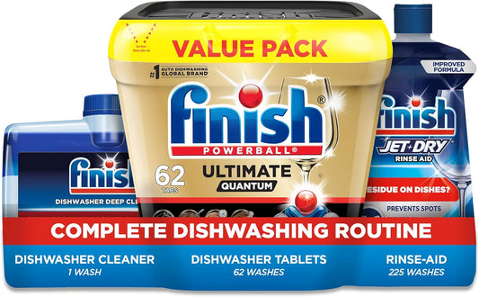 Finish Ultimate Quantum Deep Clean Bundle - Ultimate Dishwasher Detergent Pods (62ct), Jet Dry Rinse Aid (23oz) for Residue &