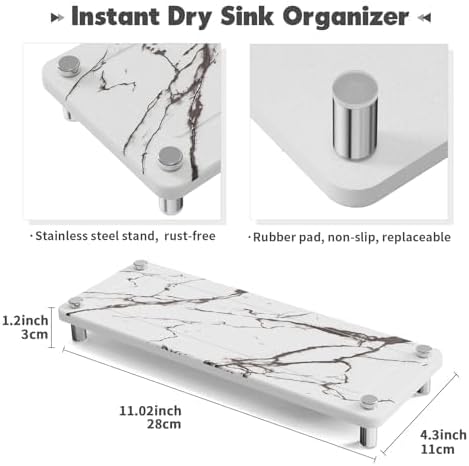 Kitchen Sink Caddy Water Absorbing Stone Tray For Sink, Diatomite Bathroom Countertop Tray Organizer, Faucet Stone Drying Mat Coaster Soap Dish Sponge Dispenser Holder (Grey)