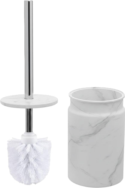 Toilet Brush and Holder Set - Toilet Bowl Brush and Holder with Sturdy Bristles for Thorough Cleaning - Concealed White Bathroom Accessories Toilet Cleaner Brush for Bathroom (Marble Look)