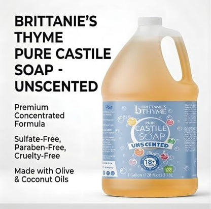 Brittanie's Pure Organic Castile Liquid Olive Oil Soap Refill, 1 Gallon Unscented | Face, Body Wash, All Purpose Cleaner, Dishes, Pets, Laundry | Vegan, Biodegradable, Made in USA