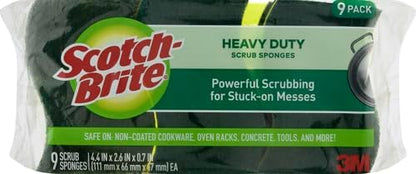 Scotch-Brite Heavy Duty Scrub Sponge, 9 Kitchen Sponges Designed for Tough Messes in the Kitchen that Last 3X Longer*, Best for Cast Iron Skillets and Outdoor Grills, Flexible, Durable, and Strong