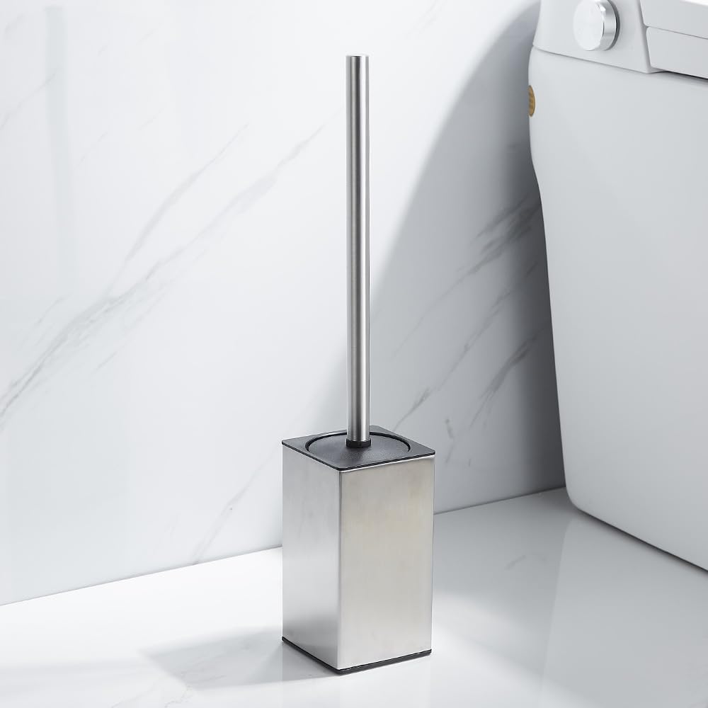 Toilet Brush and Holder Set Freestanding KWQKEM Modern Toilet Bowl Cleaners Brush and Holder with Lid 304 Stainless Steel (Brushed Gold)