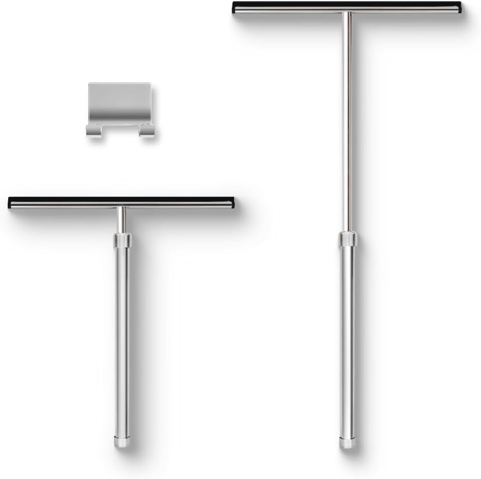 Shower Squeegee with Long Handle and Adhesive Hook. for Glass Doors, Tile Walls, Mirrors and Windows. Telescoping Squeegee for Cleaning. Bathroom Stainless Steel Squeegee, 10inch Wide, Chrome – 1pk