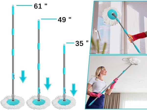 Stainless Steel Extendable Mop Handle with 2 Microfiber Replacement Heads & 360° Rotating Base Plate — Fits Standard Mop Buckets -White