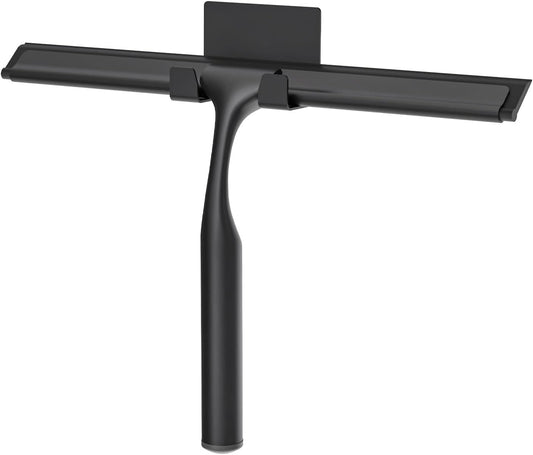 Shower Squeegee for Glass Doors, Shower Squeegee for Tile Shower Walls, Stainless Steel Squeegee for Bathroom, Windows and Mirrors with Storage Hook-12”, Black