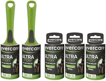 Evercare All Purpose Pet Hair Lint Roller with 2 Refills, 180 Total Sheets – Reusable Sticky Roller for Pet Hair, Cat & Dog Hair Remover, Lint Remover, Pet Hair Remover for Furniture, Clothing & Cars