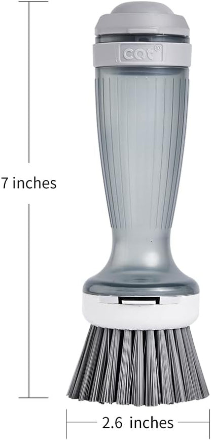 CQT Dish Brush with Soap Dispenser – One-Press Suds, Built-in Scrubbing Pad, Non-Slip Handle for Pots, Pans & Non-Stick Cookware – Includes 2 Refill Heads