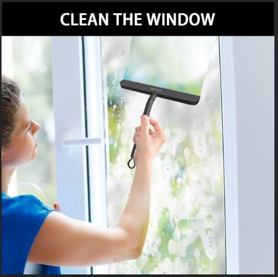 Household Squeegee for Shower Glass Doors, Silicone Shower Squeegee with Adhesive Hook, Bathroom Squeegee for Shower, Window Cleaner Tool for Glass Door, Kitchen, Tile Wall(10 inch-Black)