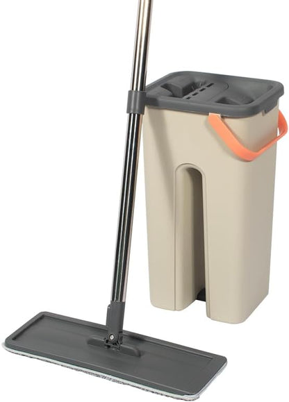 360° Microfiber Flat Mop with Hands-Free Self-Cleaning Bucket, Wash & Dry Dual Chamber System, Adjustable Handle, Includes 2 Microfiber Mop Pads, Wet & Dry Floor Cleaning - (LV-F02)