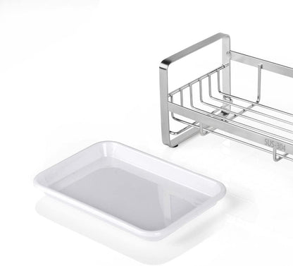 HULISEN Large Sponge Holder, 304 Stainless Steel Kitchen Soap Dispenser Caddy Organizer, Countertop Soap Dish Rack Drainer with Removable Drain Tray, not Including Dispenser and Brush, Silver