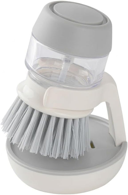 Soap Dispensing Palm Brush with Storage Stand - Self-Draining Kitchen Scrub Brush Set for Dishes & Pans, Push Button Cleaning Brush with Refillable Dispenser, 3.3 x 4.9 Inches, White & Grey