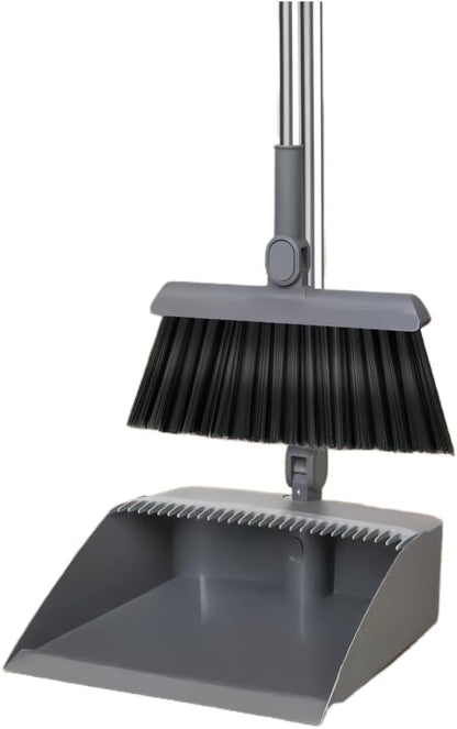 2-in-1 Broom with Dustpan Combo Set,Long Handle Broom Dustpan Combo with Dustpan Teeth to Automatically Clean Hair for Home, Indoor or Outdoor Cleaning Hall Floor (Gray)