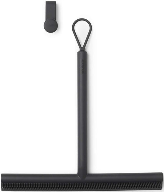 Brabantia Silicone Shower Squeegee with Hook (Dark Gray) Anti Streak Cleaning Wiper for Bathroom Glass, Plastic, Tile - Doublesided Brush & Rim Design