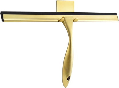 OPERNEE Shower Squeegee with Self Adhesive Hook, 10 Inches Stainless Steel Squeegee Cleaner, All-Purpose Window Scraper for Bathroom Doors, Mirror, Windows and Car Glass, Brushed Gold