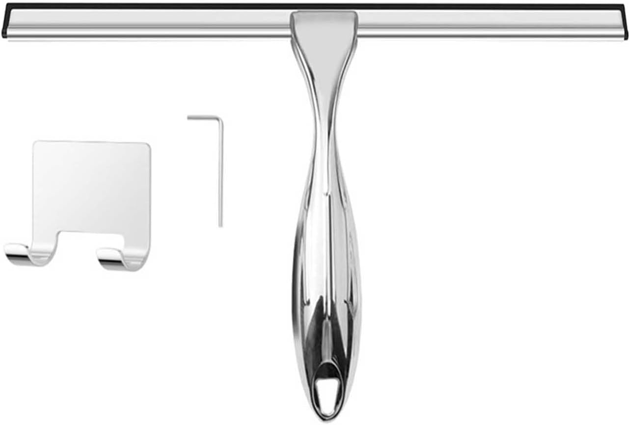 14-Inch Shower Squeegee, Stainless Steel Squeegee for Shower or Window Glass Door, Includes Two Spare Scrapers and one Adhesive Hook. (Gold, 14 in)