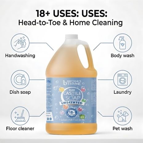Brittanie's Pure Organic Castile Liquid Olive Oil Soap Refill, 1 Gallon Unscented | Face, Body Wash, All Purpose Cleaner, Dishes, Pets, Laundry | Vegan, Biodegradable, Made in USA