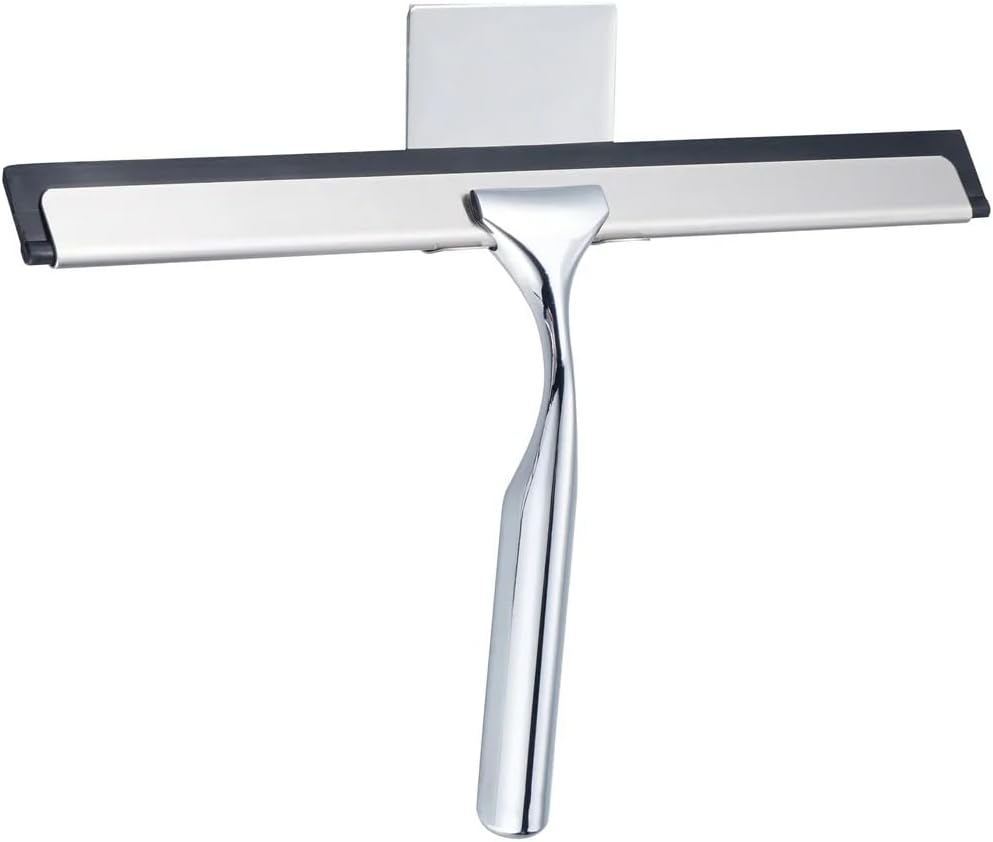 J&V TEXTILES All-Purpose Stainless Steel Shower Squeegee for Glass Doors with Adhesive Hooks, Squeegee for Shower Glass, Bathroom Household Cleaner Tool, 10 Inch (Gold)