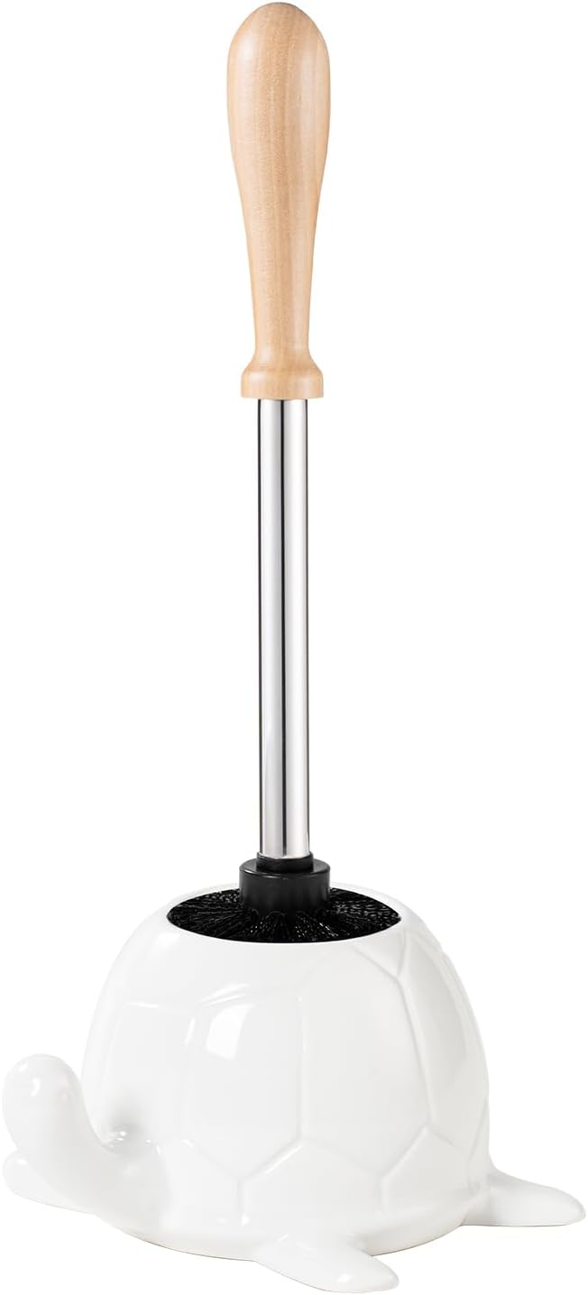 Turtle Base Toilet Brush Set - Gold Ceramic Toilet Scrubber Brush 7.5” Bowl Cleaner with Ergonomic Handle, Mini Cute Bathroom Cleaning Brush - Bathroom Decor